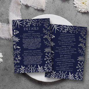 Elegant Navy & Silver Floral Wedding Collectie Informatiekaartje
