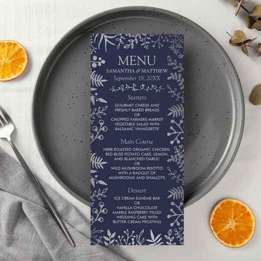 Elegant Navy & Silver Floral Wedding Collectie Menu