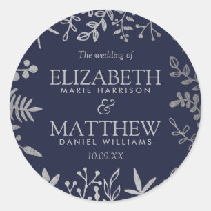Elegant Navy & Silver Floral Wedding Collectie Ronde Sticker