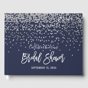 Elegant Navy Silver Glitter Confetti Vrijgezellenf Gastenboek