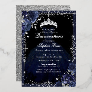 Elegant Navy Silver Roos Jurk Quinceanera Folie Uitnodiging