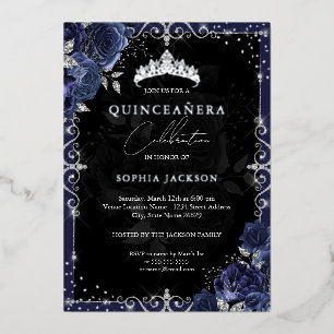Elegant Navy Silver Roos Quinceanera Folie Uitnodiging