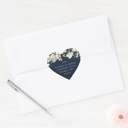 Elegant Navy Snowberry + Eucalyptus Adres Hart Sticker (Envelop)