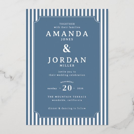 Elegant Navy Striped Wedding Invitation (Recto)