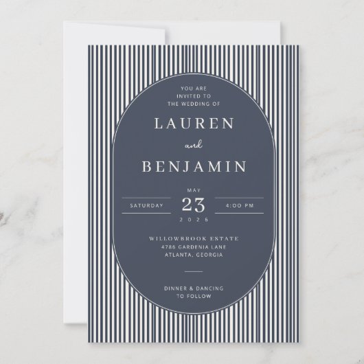 Elegant Navy Striped Wedding Invitation (Devant)