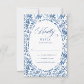 Elegant Navy Toile Roses Wedding RSVP Card  (Devant)