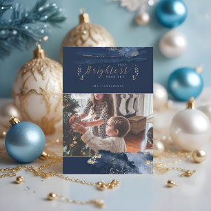 Elegant Navy Waterverf Ink & Golden Jewel Foto Feestdagenkaart