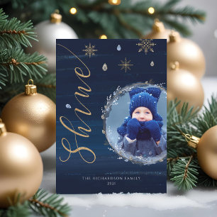 Elegant Navy Waterverf Inkt & juwelen Foto Wreath Feestdagenkaart