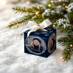 Elegant Navy Waterverf Inkt & juwelen Foto Wreath Kubus Ornament