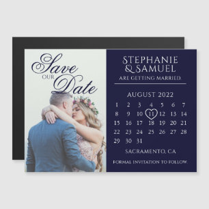 Elegant Navy Wedding Calendar Foto Save the Date Magnetische Uitnodiging