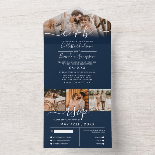Elegant Navy White Photo Monogram Weddenschap RSVP All In One Uitnodiging (Binnen)