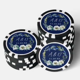 Elegant Navyblauw Bloemend Mozaïek Winterhuwelijk Poker Chips
