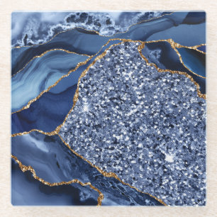 Elegant Navyblauw en Gouden Glitter Oceaan Agiet Glazen Onderzetter