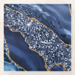 Elegant Navyblauw en Gouden Glitter Oceaan Agiet Glazen Onderzetter