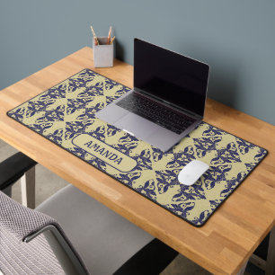 Elegant Navyblauw Geel Vintage Damast Monogram Bureaumat