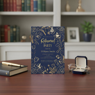 Elegant Navyblauw Gouden Lijn Kunst Bloemige Pensi Kaart