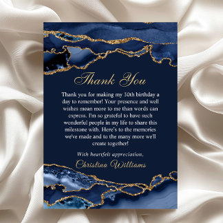 Elegant Navyblauw & Gouden Verjaardagsfeest Bedank Bedankkaart
