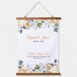 Elegant Navyblauw Koraal Waterverf Bloemen Bruilof Hangend Wandkleed