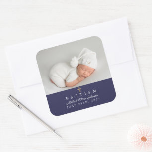 Elegant Navyblauw Religieus Kruis Foto Doop Vierkante Sticker
