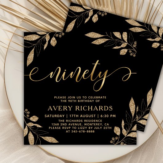 Elegant negentig gouden script zwart 90ste verjaar kaart