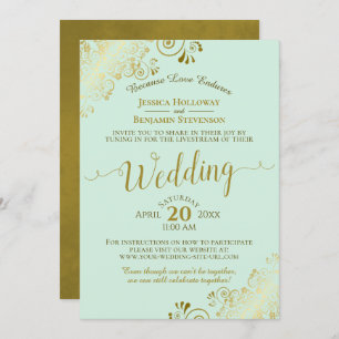 Elegant Neo Mint Green & Gold Wedding Livestream Kaart