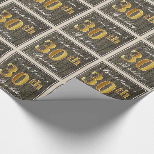 Elegant, Nep Hout, Nep Goud 30e Verjaardag + Naam Cadeaupapier (Hoek)