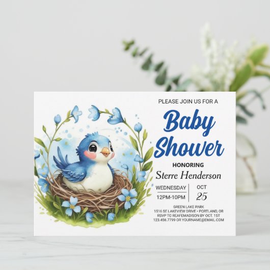 Elegant Nest Woodland Bird Boy Baby shower Kaart (Staand voorkant)