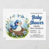 Elegant Nest Woodland Bird Boy Baby shower Kaart (Voorkant / Achterkant)