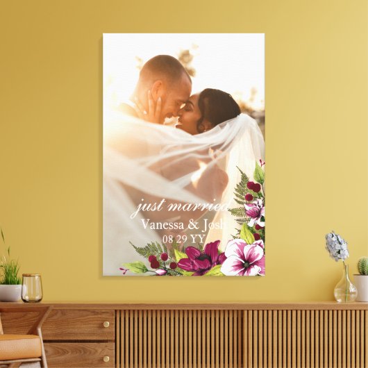 Elegant net getrouwd magenta wit bloemenbruiloft canvas afdruk (Insitu (Woonkamer))