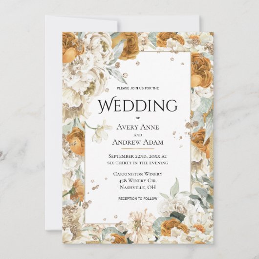 Elegant Neutraal Bloemen Goud Waterverf Bruiloft Kaart (Voorkant)