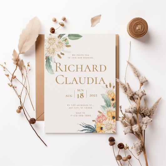 Elegant Neutral Floral Wedding Invitation