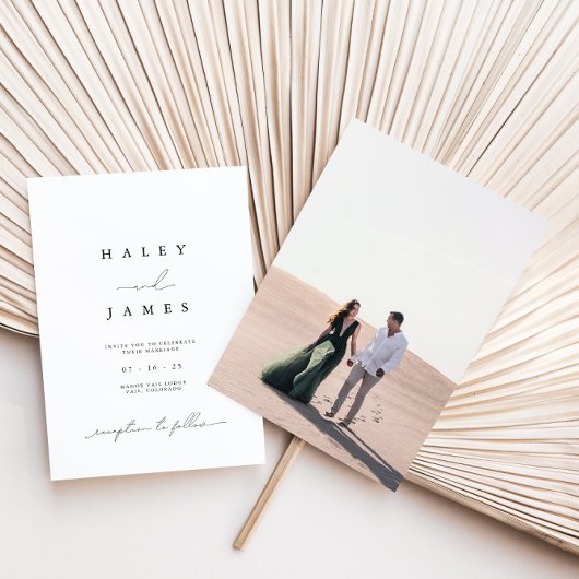 Elegant Neutral Script Photo Wedding Invitation Kaart