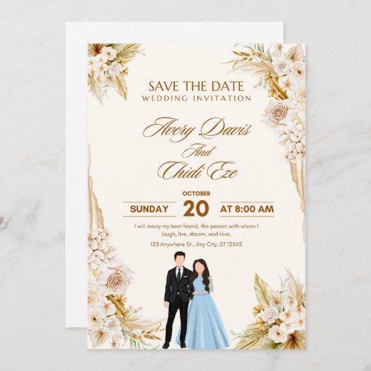 Elegant Neutral Wedding Template Kaart (Voorkant / Achterkant)