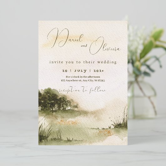 Elegant neutrale waterverf Soft Landscape bruiloft Folie Uitnodiging (Staand Voorkant)