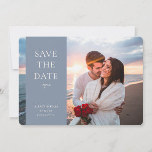 Elegant New Date Moderne Script Photo Dusty Blue Save The Date