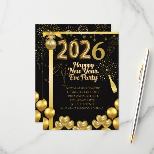 Elegant New Year Eve Party Invitation Card RSVP Kaartje (Voorkant / Achterkant in situ)