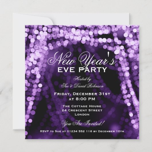 Elegant New Years Eve Party String Lights Paars Kaart (Voorkant)