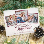 Élégant Noël Script 3 Photo Bourgogne<br><div class="desc">Cette belle carte Merry Christmas blanche et bordeaux présente un élégant script de calligraphie classique,  avec 3 modèles photo encadrés. Sur le dos est une texture d'aquarelle bordeaux.</div>