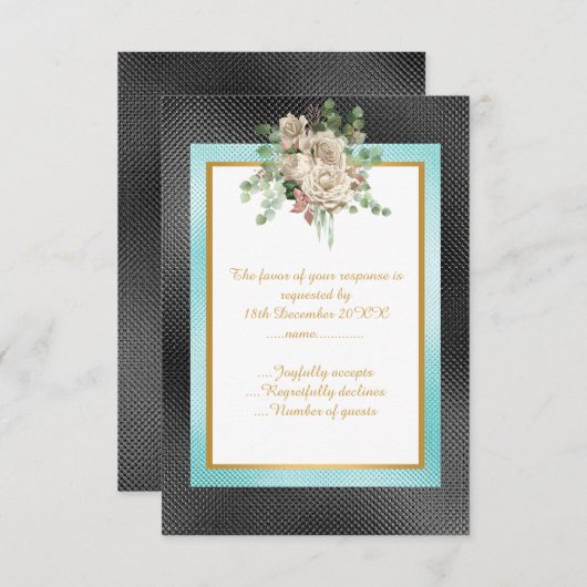 ÉLÉGANT NOIR AQUA EMBOSSÉ FLEUR PERSONNALISÉE RSVP (Devant / Derrière)