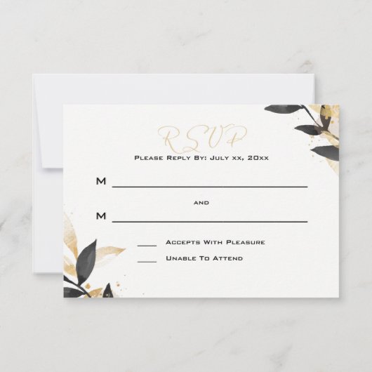 Élégant noir avec carte RSVP de mariage or (Dos)
