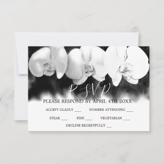 Elégant noir blanc d'aquarelle orchidées RSVP (Devant)