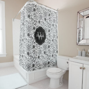 Elégant noir blanc Floral Monogramme Douche rideau