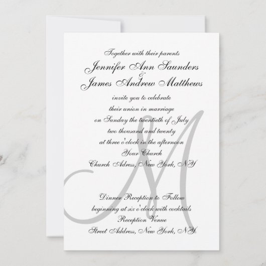 Elégant Noir Blanc Mariage Invitations Initiales (Dos)