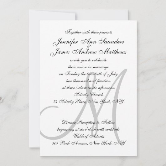 Elégant Noir Blanc Mariage Invitations Initiales (Dos)