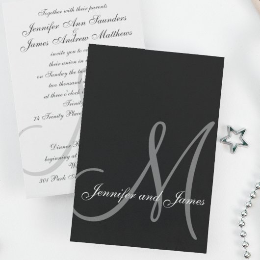 Elégant Noir Blanc Mariage Invitations Initiales