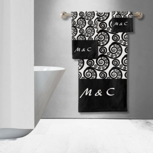 Élégant noir blanc Monogramme Fern Frond Fils