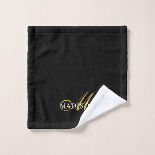 Élégant noir blanc Monogramme Gold Script (Gant de toilette)