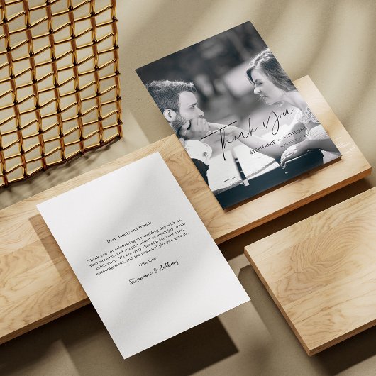 Elégant noir Cursive Photo Mariage Carte de remerc