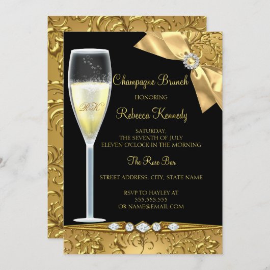 Elégant Noir Damask Champagne Brunch Invitation (Devant / Derrière)