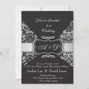 Elégant noir Damask et faire-part de mariage argen